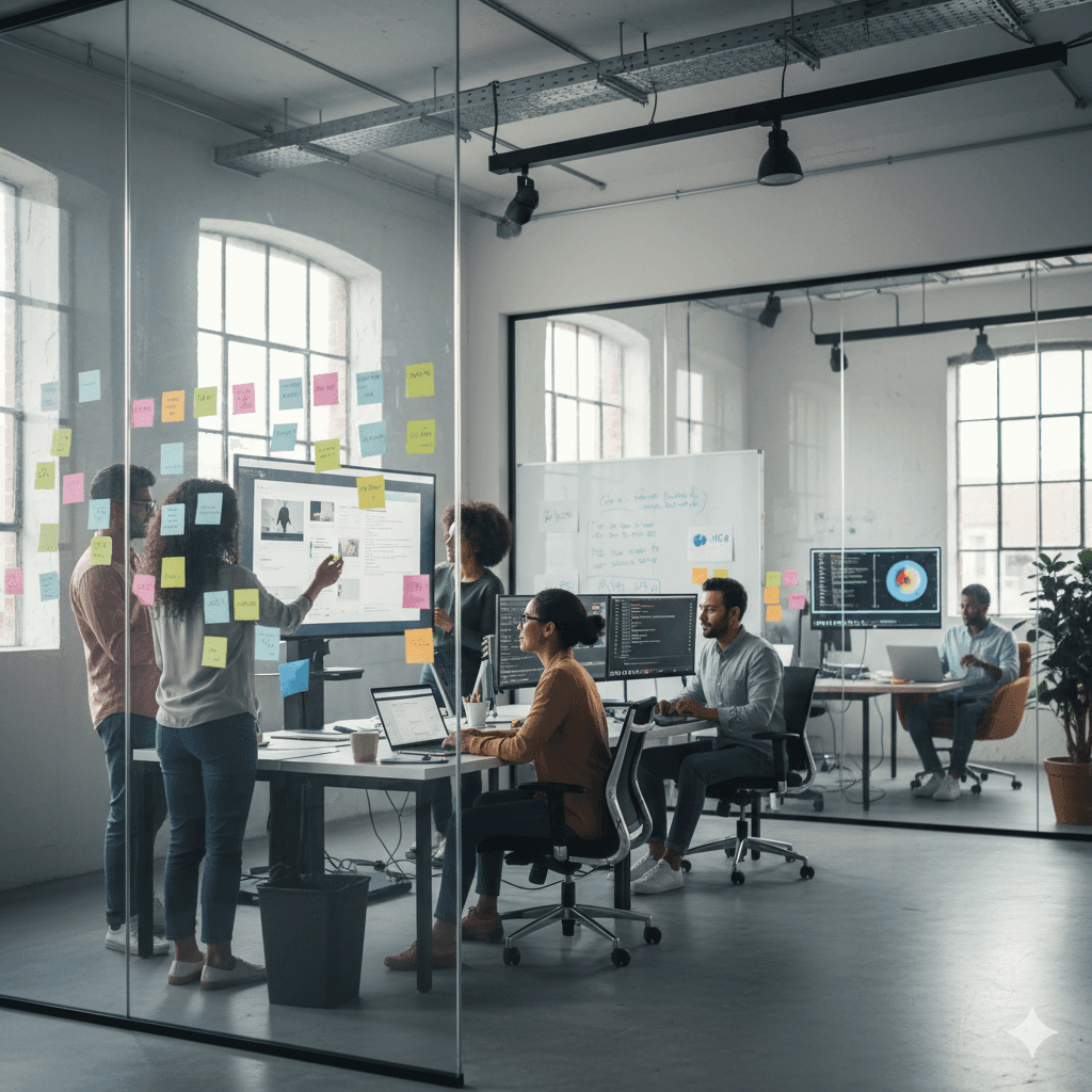 A dynamic, open-plan office space buzzing with activity, emphasizing speed and collaboration. In the foreground, a cross-functional team (developers, designers, product owners) is gathered around a large, interactive digital scrum board displaying tasks, progress, and upcoming sprints, rapidly moving virtual sticky notes. Behind them, a designer is quickly mocking up a new feature on a large touchscreen, while a developer simultaneously tests code on a laptop. Visible in the background, a user is providing live feedback on a quickly deployed prototype, their expressions being observed by another team member. The environment is vibrant and adaptable, with movable furniture, whiteboards covered in diagrams, and a clear sense of continuous flow and responsiveness to change. Ultra photorealistic, bright and energetic lighting, shallow depth of field, authentic expressions and diverse team members, illustrating rapid, iterative innovation.