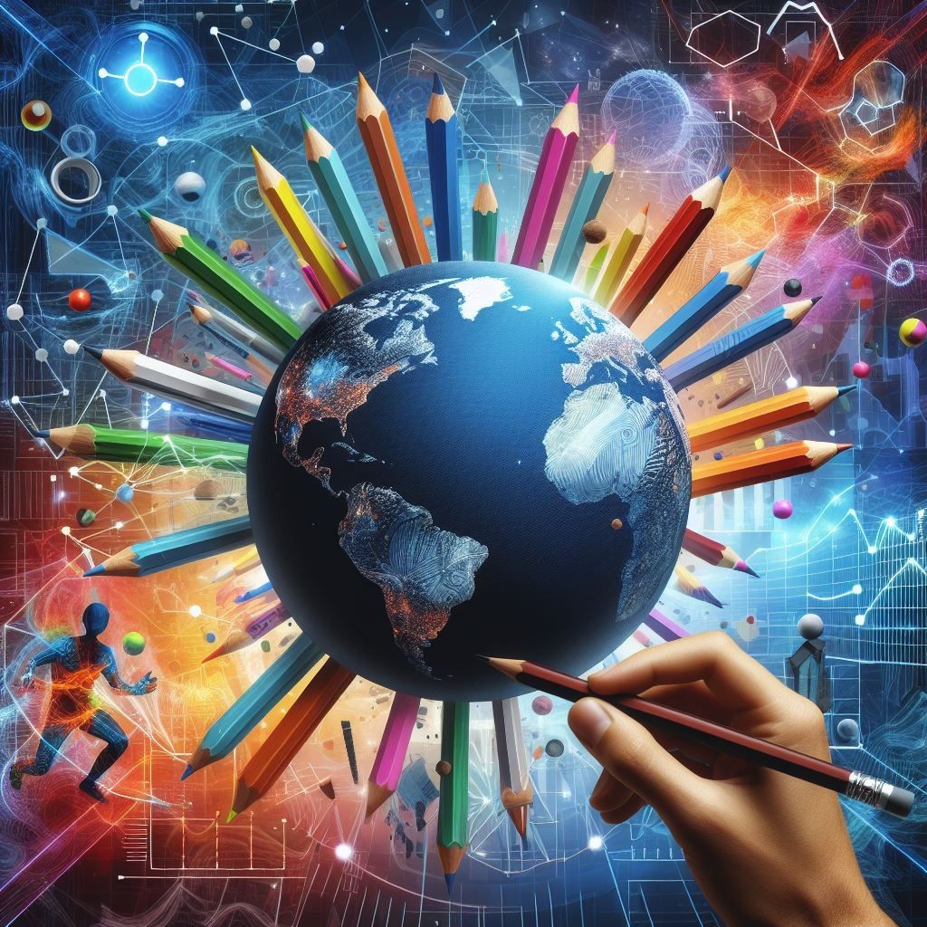 A dynamic and creative digital composition featuring a dark blue globe with white continent outlines, held by a hand with colored pencils that draw radiating lines. The globe is surrounded by colorful graphs, arrows, and abstract shapes, with small human figures interacting with these elements. The energetic background includes complex patterns and molecular structures, emphasizing a scientific or technological theme