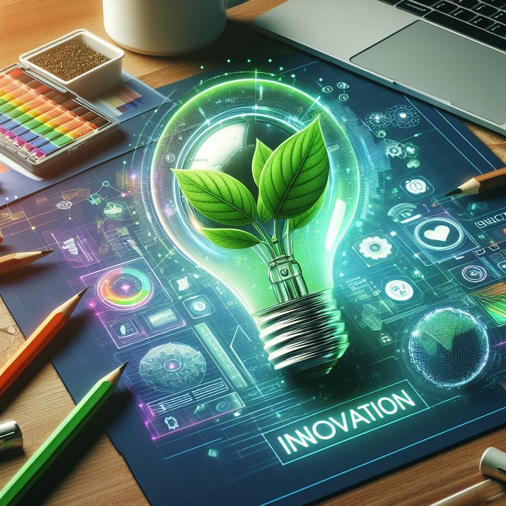 A light bulb with green leaves symbolizing eco-friendly innovation on a desk with tools and a laptop, and digital graphics of innovative ideas aiming at defining project scope and objectives.