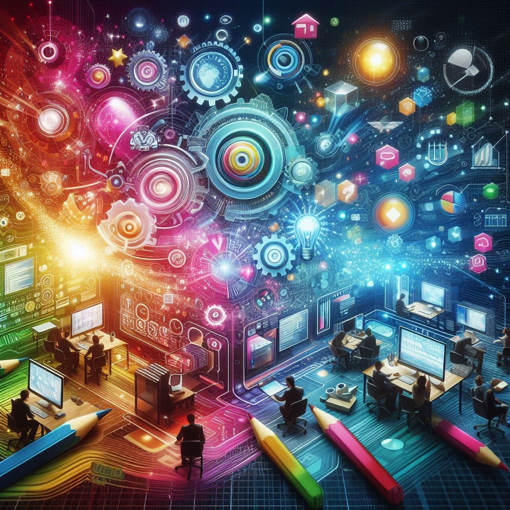 A vibrant and colorful illustration showcasing a dynamic and interactive workspace where individuals are engaged in various activities related to digital marketing, analytics, and creative thinking. The image is filled with graphical icons representing different elements of digital technology and innovation