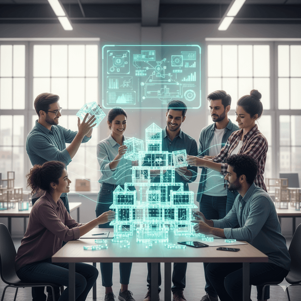 A diverse, energetic team is collaboratively constructing a complex, intricate structure (symbolizing a project or goal) composed of glowing, interconnected blocks or modules. They are working together in a bright, modern, open-plan office space. Each team member is actively contributing, some lifting blocks, others meticulously fitting pieces, and a few are consulting a holographic blueprint that floats above their workspace. Visible lines of light or subtle energy flows connect them, representing seamless communication, mutual support, and shared understanding. Their faces show determined focus, positive collaboration, and shared purpose. In the background, previous, less stable structures are faintly visible, contrasting with the robust, well-engineered structure they are currently building. Ultra photorealistic, full frame, bright, inspiring natural lighting, sharp focus on the team's collaborative action and the evolving structure, detailed textures of modern office materials, technology, and diverse individuals, illustrating synergy, mutual support, and collective capability building.