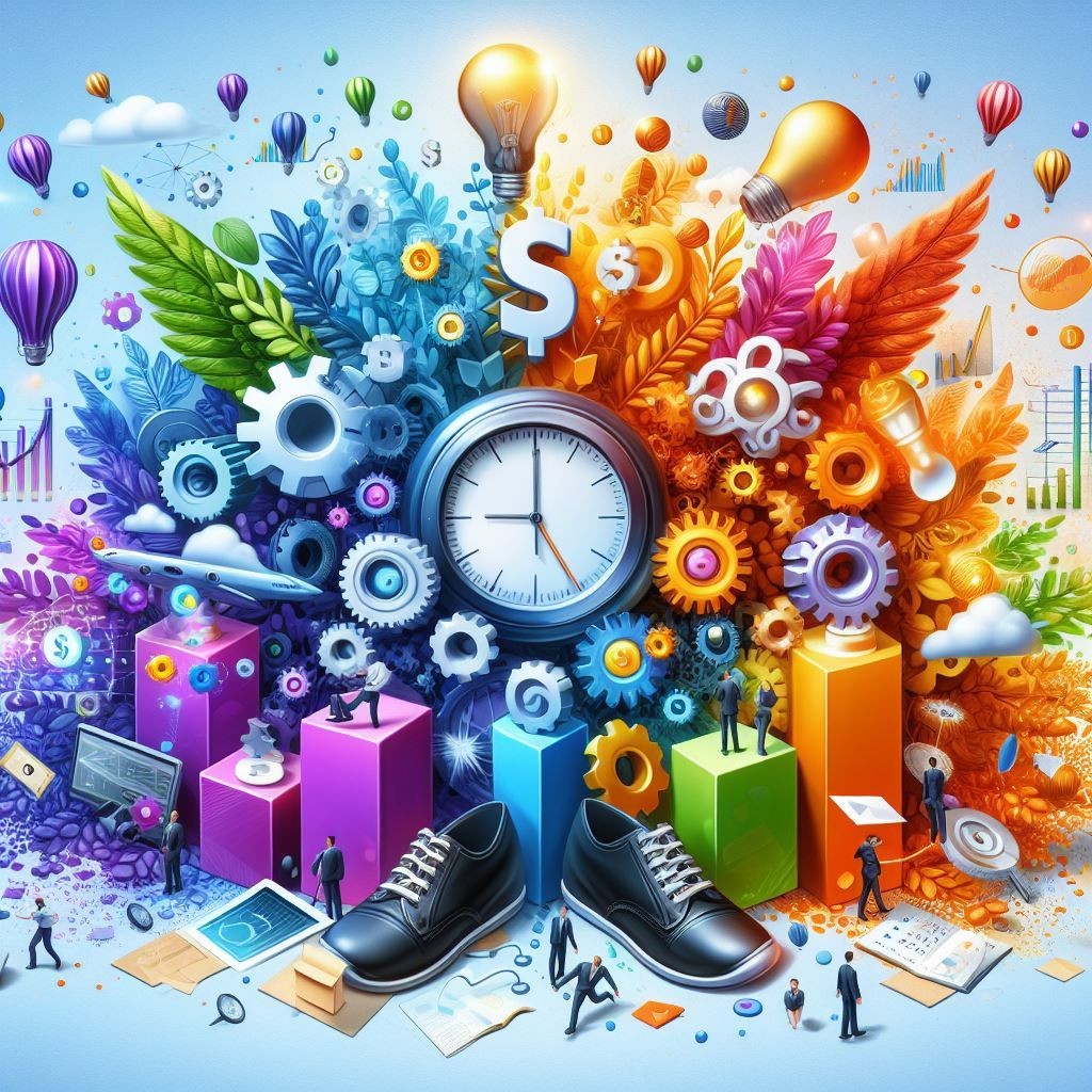 A vibrant and colorful illustration that represents the concept of LEAN, a systematic method for waste minimization within a manufacturing system. It is filled with various symbolic elements that collectively convey the multifaceted nature of business optimization and efficiency. Central to the image is the bold text “LEAN,” surrounded by building blocks, gears, dollar signs, light bulbs, a clock, graphs/charts, winged shoes, people figures, files/folders, and plants/leaves. These elements symbolize diverse aspects of a business such as ideas, finance, time management, processes, human resources, organization, and growth. The image illustrates the dynamic components of LEAN methodology in business, showcasing an interplay of ideas, finance, time management, human resources, and growth. It’s interesting due to its visual representation of complex concepts.