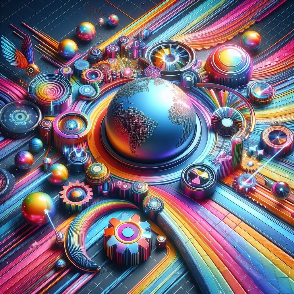 A vibrant and colorful digital artwork showcases a futuristic and abstract representation of the Earth surrounded by dynamic, swirling patterns, various geometric shapes, and radiant orbs. The central focus is a detailed globe with illuminated outlines of continents. Surrounding the globe are radiant orbs of varying sizes emitting light. Dynamic swirling patterns in multicolor hues create a sense of motion around the globe. Geometric shapes including circles, cylinders, and gears are interspersed throughout the image. The background features grid lines enhancing the digital aesthetic. Bright colors dominate the image with a harmonious blend of hues creating visual interest.