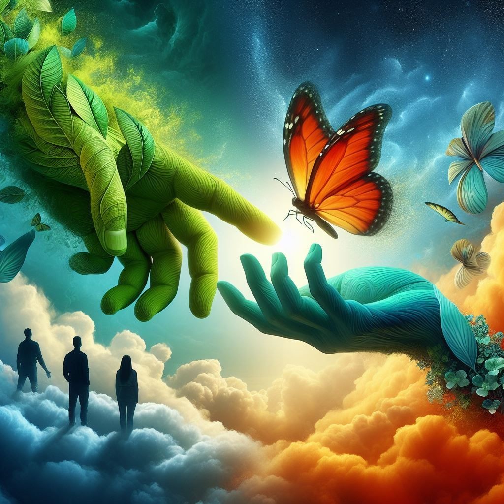 A striking digital composition that portrays the harmonious union of nature and humans. Two hands, one embodying the essence of nature with its green, leaf-like texture, and the other representing humans, come together in a symbolic handshake. Above them, an orange figure with vibrant butterfly wings ascends, signifying the emergence of new possibilities from this collaboration. Observing this momentous event are blue figures standing atop clouds, set against a backdrop of a circuitry-patterned sky that transitions from the technological to the natural. The artwork is adorned with various elements such as flowers, butterflies, and bubbles, creating a fantastical ambiance