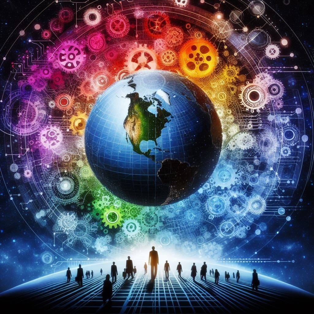 A conceptual visualization of global connectivity and technological innovation. It features a globe encircled by colorful gears and circuits, symbolizing the interconnected nature of modern technology and its global reach. Below, silhouetted figures traverse a path, representing the integration of humanity with technological advancements. This image encapsulates the idea of a world where technology and human progress are inextricably linked, highlighting the harmony between these two realms.