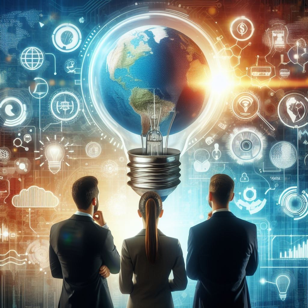 A team of professionals contemplates a global digital interface, symbolized by an Earth-encased light bulb, amidst icons of business and technology, depicting global connectivity and strategic planning