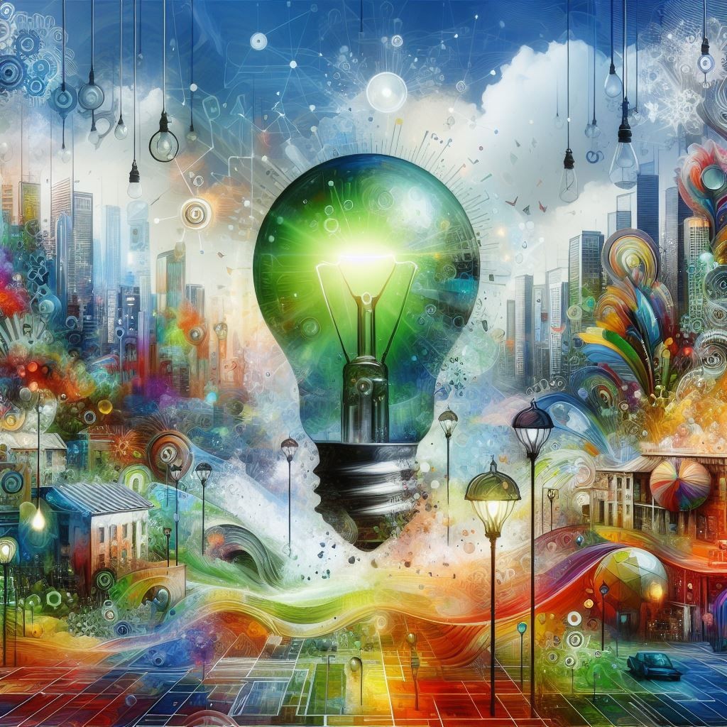 A vibrant and colorful depiction of a cityscape, blending elements of fantasy and technology. It features a large green light bulb at the center, symbolizing innovation and ideas, surrounded by various abstract and realistic elements that add to the visual stimulation and open interpretation. This image effectively captures the essence of creativity and innovation, merging a bustling cityscape with whimsical and technological elements that spark the imagination. It’s an apt visual for themes related to technological advancement, innovation, and the power of creative thinking.