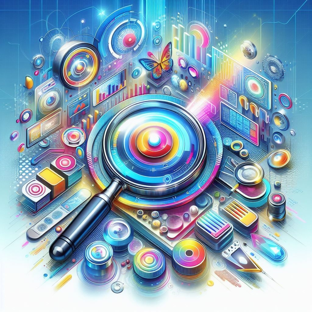 A vibrant and colorful digital artwork showcasing a magnifying glass focusing on the intricate details of a complex and abstract technological landscape, adorned with various geometric shapes, circuits, and a butterfly, symbolizing the intersection of technology and nature.