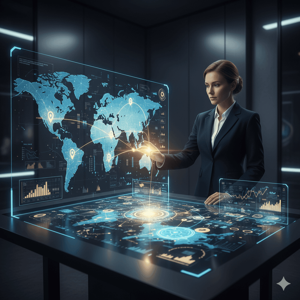 A solitary, contemplative business leader stands at a massive, intricately designed holographic tactical table, overseeing a dynamic, three-dimensional projection of a global market landscape. The projection displays interconnected economic indicators, evolving competitor positions, and potential future trends, represented by flowing data streams and shifting geographic markers. The leader's hand gently hovers over a crucial strategic decision point on the map, illuminating a clear, optimized path forward. Their expression is one of calm focus and profound insight. The room is sleek and minimalist, emphasizing the complex data visualization. Ultra photorealistic, dramatic low-key lighting with sharp holographic glows, shallow depth of field, sharp focus on the leader and the interactive projection, illustrating foresight, complex analysis, and decisive long-term planning