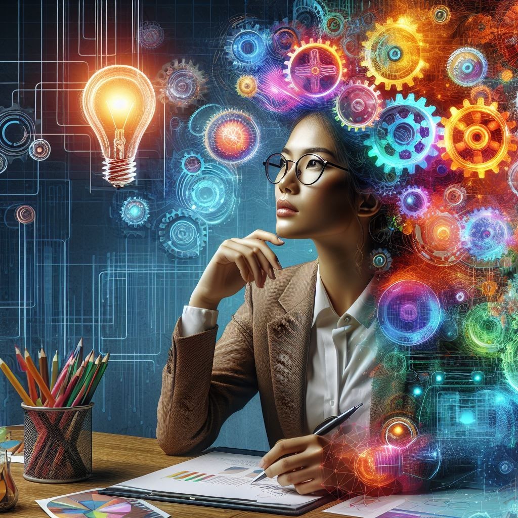 A creative Asian woman professional immersed in a brainstorming session with colorful gears, graphs, and a light bulb.