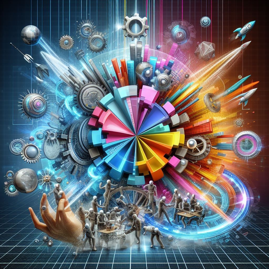 A vibrant and colorful digital artwork showcasing a blend of technology and creativity. The central focus is a colorful, 3D pie chart exploding with energy, surrounded by gears, planets, and rockets symbolizing innovation and exploration. Human figures are engaged in various activities at the base, representing collaboration and teamwork in a digital universe.