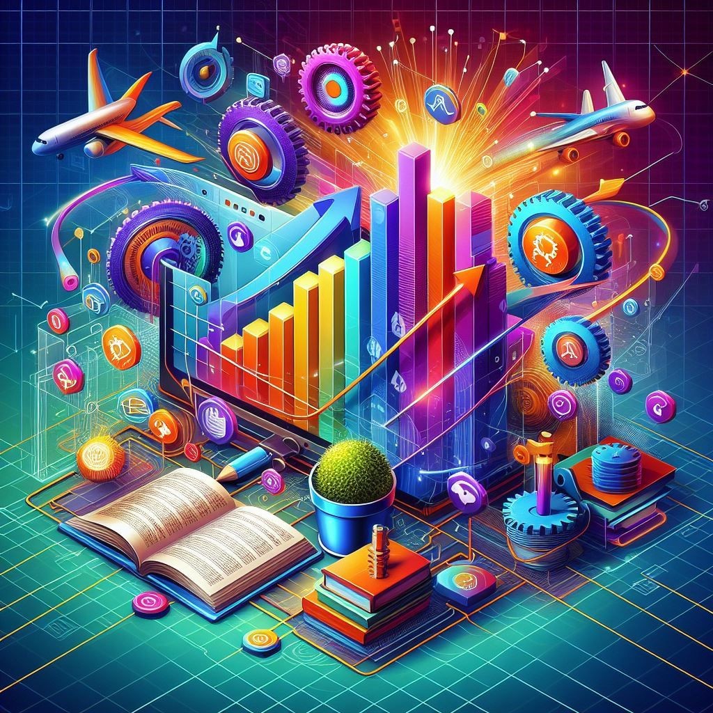 A vibrant and engaging illustration that depicts the seamless integration of technology with business growth. Central to the image is a browser window filled with icons that represent personal and analytical elements, such as a human figure and bar graphs. In the foreground, 3D bar graphs adorned with various symbols illustrate performance metrics and goals. Interconnected, multi-colored gears symbolize the collaborative nature of mechanical processes or teamwork. The presence of airplanes suggests a theme of global connectivity and travel. An open book implies the significance of knowledge, learning, and information. Small plant pots add an element of growth or eco-friendliness to the scene. The background’s grid pattern with coordinates may allude to data analytics or global positioning. This image is apt for content related to business analytics, global commerce, and the dynamic interplay between technology and corporate advancement.