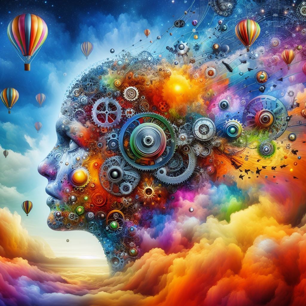 A vibrant and imaginative portrayal of a human profile, brimming with gears and symbols, signifies creativity and innovation against a backdrop of a surreal sky dotted with hot air balloons, alluding to the limitless potential of the mind.