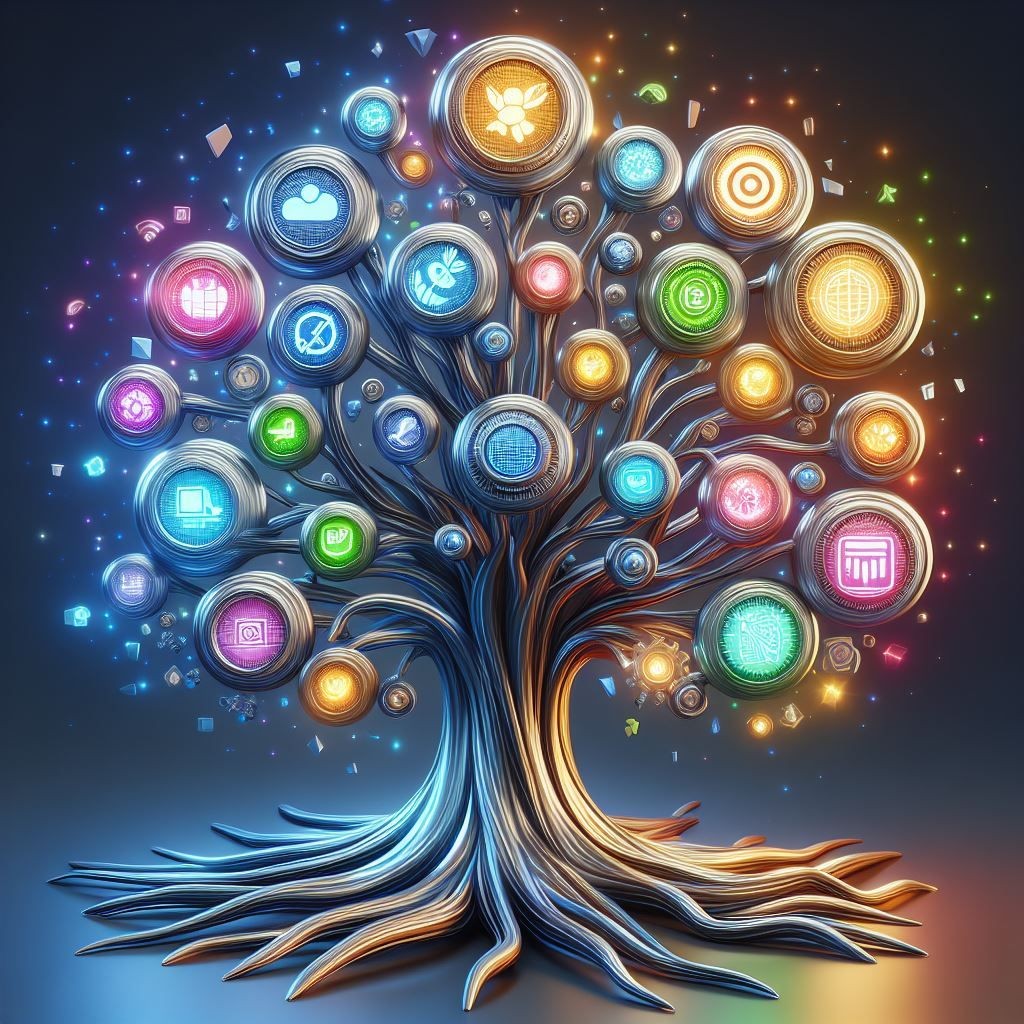 A vibrant digital artwork depicting a tree whose branches and leaves are composed of colorful, illuminated icons representing various technological and digital concepts. The icons include gears, circuit boards, and other tech-related imagery, glowing in hues of blue, green, red, and orange against a dark background. The roots of the tree are intricately designed, symbolizing the deep connections and interdependencies within the modern technological landscape.