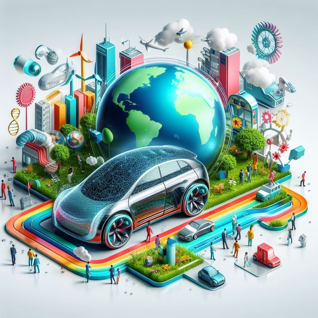 A creative illustration of a 3D car prototype with the Earth as its glass envelope, surrounded by people, elements of urban development, and nature, symbolizing the integration of innovation in a team and environmental sustainability.