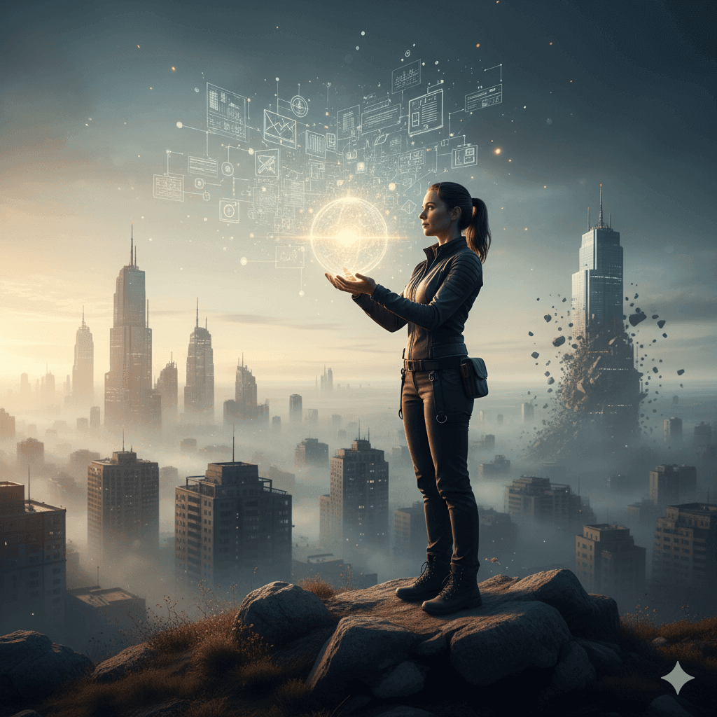 A thoughtful individual, appearing to be an innovator or creative professional, stands on a rugged, slightly elevated terrain overlooking a vast, shimmering cityscape at dawn. They are holding a glowing, abstract orb that projects intricate, interconnected ideas and complex problem-solving patterns into the misty air before them, representing a flow of creative thought. The horizon is filled with both emerging futuristic structures and dissolving traditional buildings, symbolizing the disruption and creation inherent in innovation. Their expression is one of deep contemplation, curiosity, and quiet determination. Ultra photorealistic, golden hour lighting, cinematic wide shot, detailed textures of the individual, orb, and city, illustrating a mindset that challenges norms and envisions new possibilities.