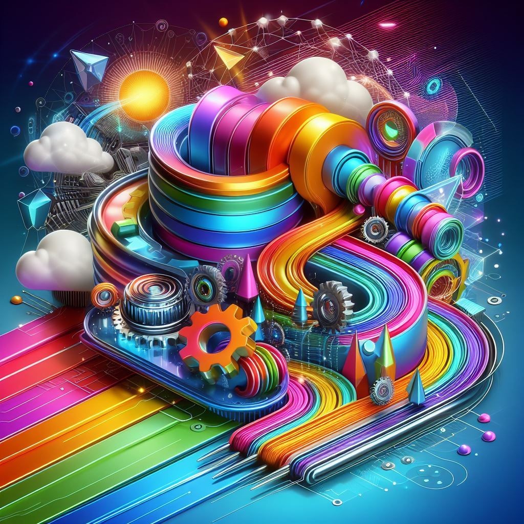 Vibrant and Dynamic Futuristic Machine: A complex, rainbow-colored machine composed of glossy metallic parts, gears, and pipes against a backdrop of geometric shapes and radiant light effects.