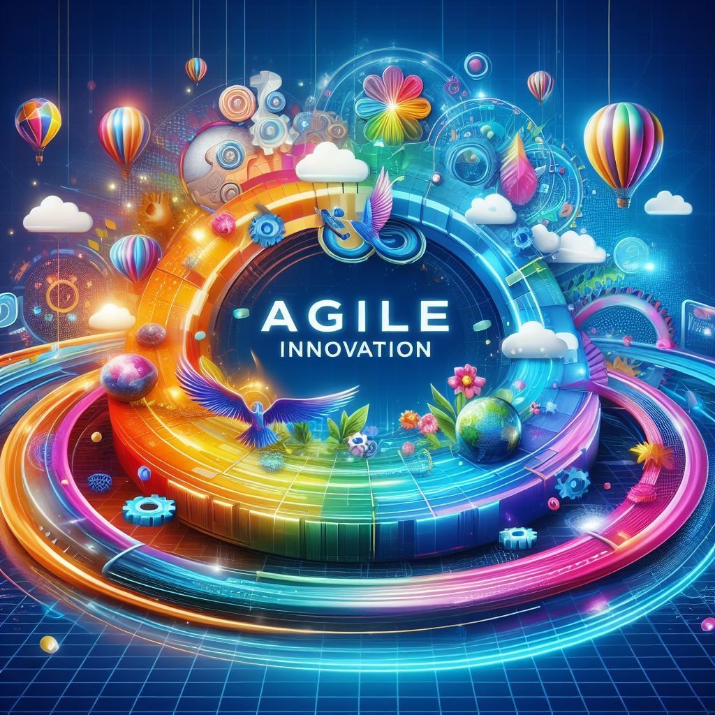Vibrant digital artwork featuring ‘Agile Innovation’: A circular dynamic structure surrounded by hot air balloons, gears, flowers, and planets against a grid background. The words ‘AGILE INNOVATION’ are prominently displayed in the center.