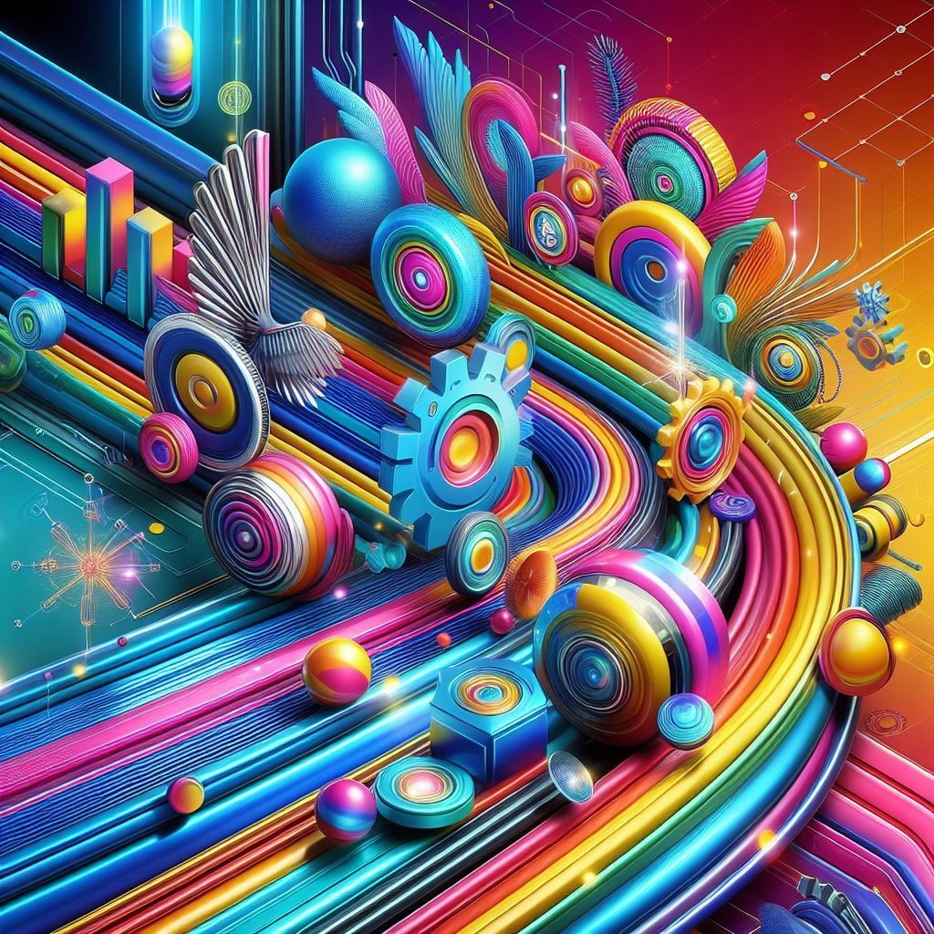 Vibrant digital artwork with geometric shapes, feathers, and radiant light beams.