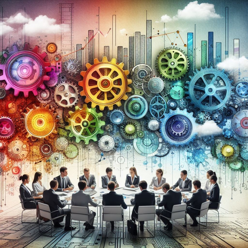 A group of professionals engaged in a business meeting, set against a backdrop that creatively blends elements of technology and innovation. Colorful gears symbolize complex processes and teamwork, while upward-trending graphs and charts amidst the gears suggest growth and progress. The scene is completed by a futuristic cityscape and whimsical clouds, adding layers of imagination and forward-thinking to the composition. This image encapsulates the collaborative spirit of innovation in a modern business environment.