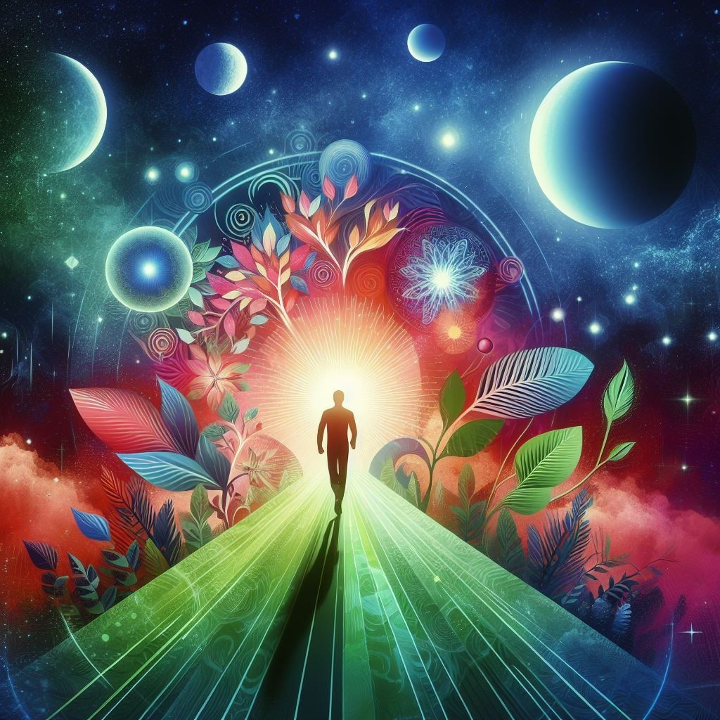 A vibrant depiction of a growth mindset, featuring a silhouette advancing towards enlightenment, surrounded by symbols of progress such as lush foliage, and celestial bodies, all converging to represent personal development and the journey towards achieving one’s potential.