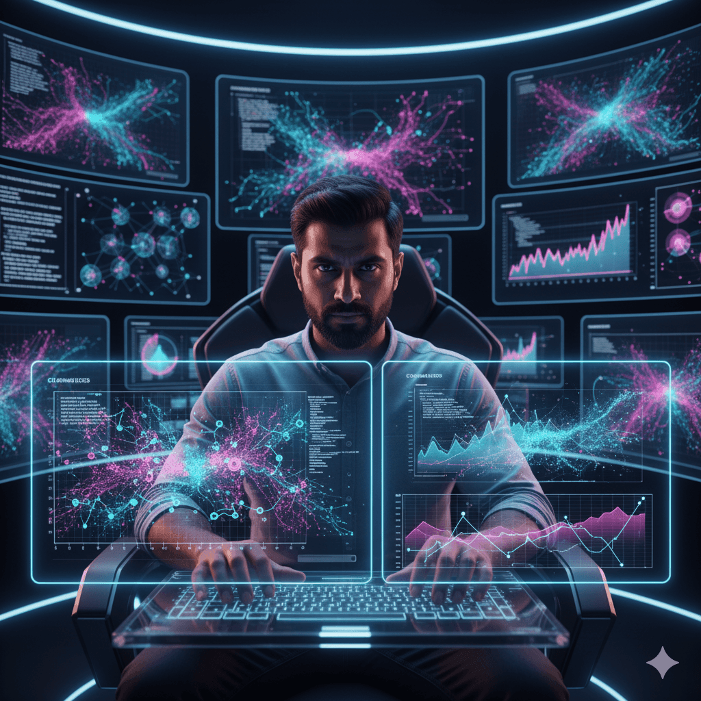 A highly focused data scientist or analyst sits in a dimly lit, high-tech command center, surrounded by multiple large, seamless digital screens that wrap around them, creating an immersive data visualization environment. On the screens, raw, complex streams of data (represented as abstract glowing particles and intricate code) are being actively processed and transformed. As the central figure interacts with a floating holographic keyboard, the chaotic data streams coalesce into clear, profound insights – depicted as luminous, interconnected knowledge graphs, predictive models, and elegantly structured patterns that emerge from the noise. Their expression is one of intense concentration transitioning into a 'eureka' moment of profound discovery. The foreground is sharp, emphasizing the human element of discovery amidst the digital complexity, with subtle reflections of the data on their face. Ultra photorealistic, full frame, dramatic low-key lighting with vibrant screen glows, sharp focus on the individual and the evolving data visualizations, detailed textures of modern technology and human expression, illustrating the powerful act of transforming raw data into actionable, hidden knowledge.