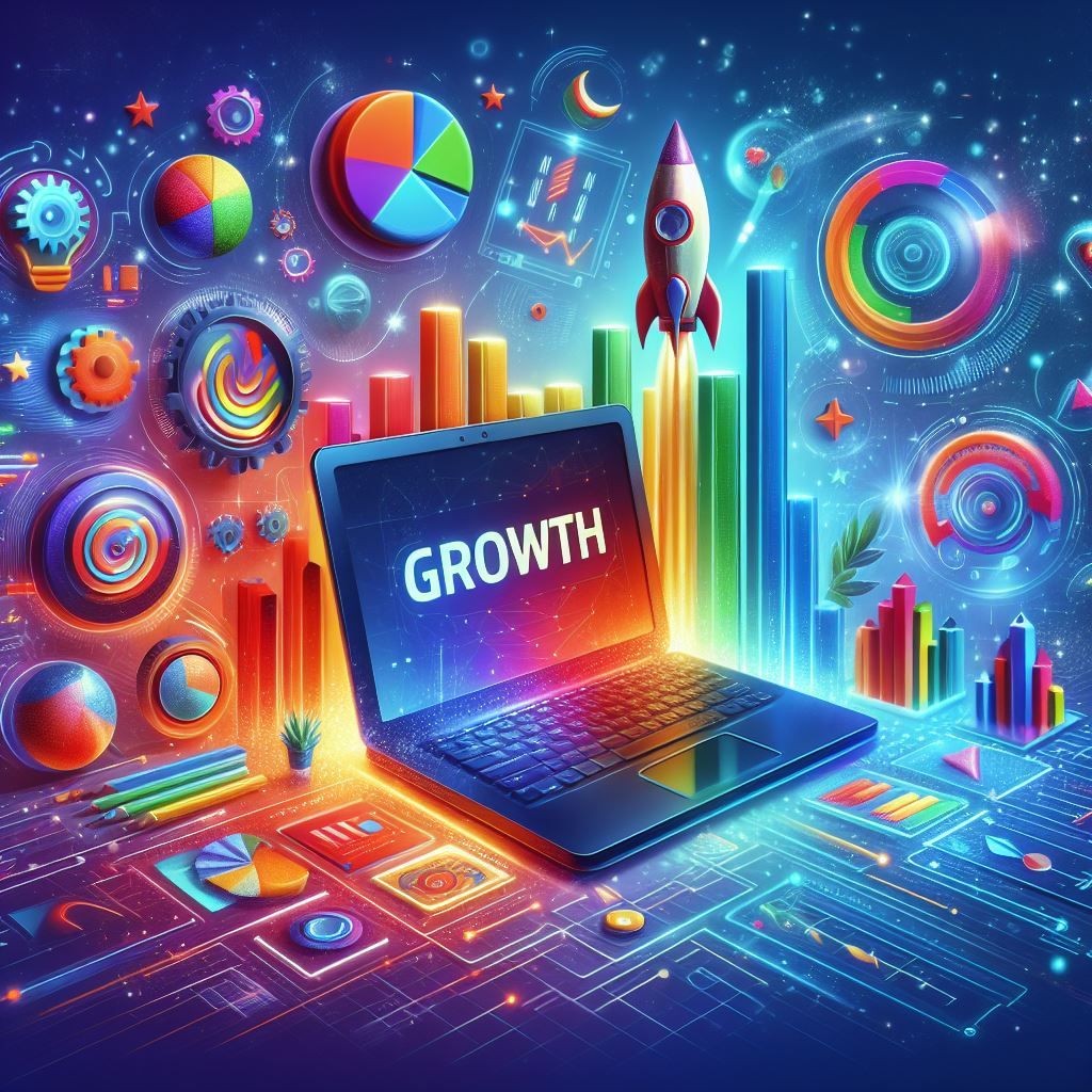 A vibrant and colorful illustration showcases various elements symbolizing business growth and analytics, including bar graphs, pie charts, a rocket, and other icons centered around a laptop displaying the word “GROWTH