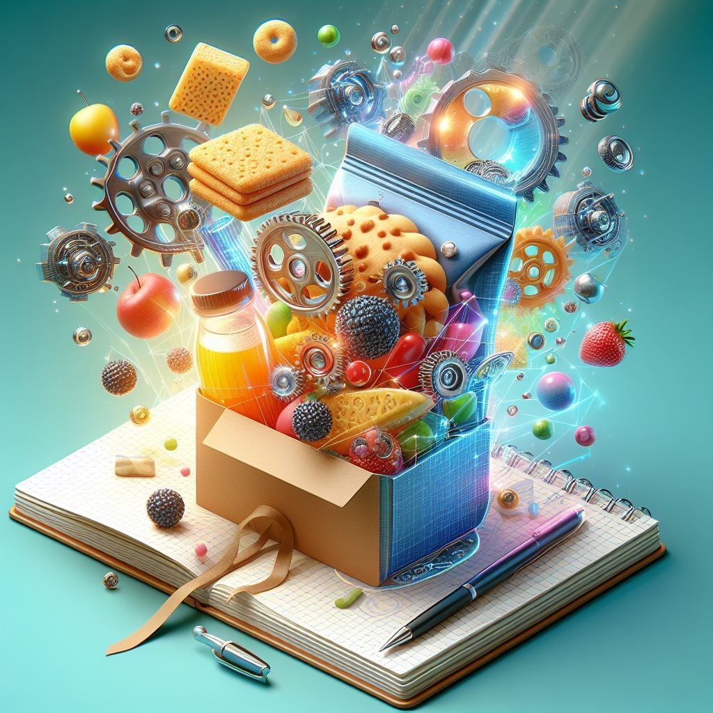 A 3D food product prototype getting out of a notebook with gears and other mechanical elements floating around.