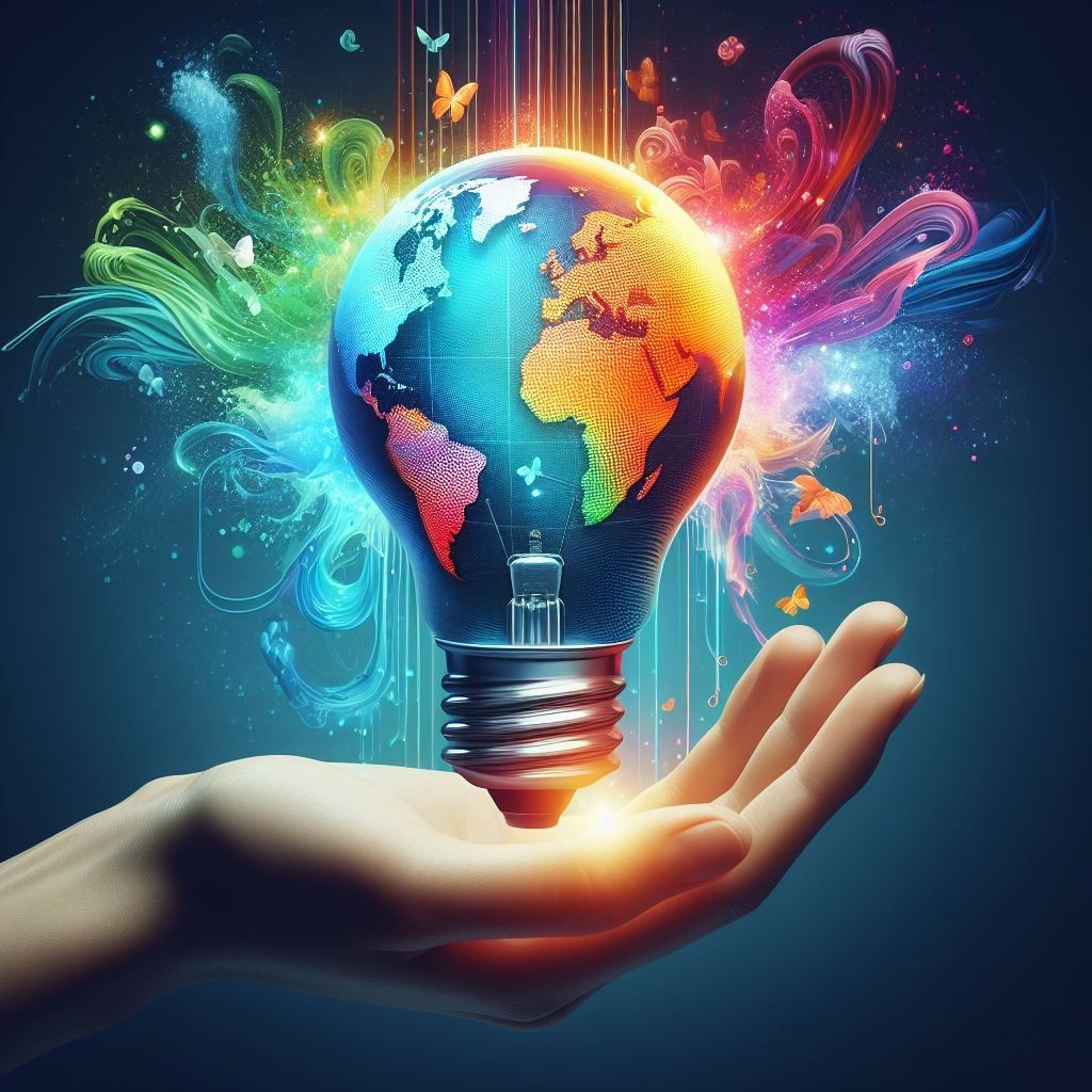 A vibrant and colorful image showcasing a hand holding a light bulb, within which is a detailed map of the world. The continents are distinctly colored, and an explosion of artistic elements including swirls, splashes, and butterflies emanates from the bulb, symbolizing creativity, innovation, and global connectivity