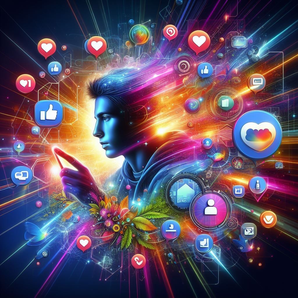 A vibrant and colorful illustration showcasing a person immersed in a dynamic digital environment, surrounded by icons representing various online and social media elements, including likes, messages, and notifications.