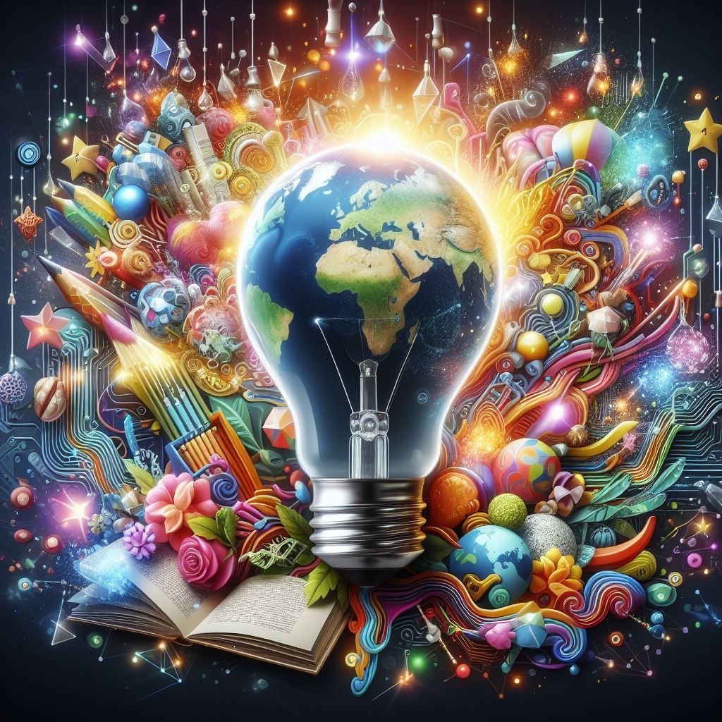 A vibrant and colorful digital artwork featuring a light bulb with the Earth depicted on it, surrounded by an explosion of creative elements including books, flowers, stars, and various artistic representations of technology and nature, symbolizing the fusion of creativity, knowledge, and global connectivity