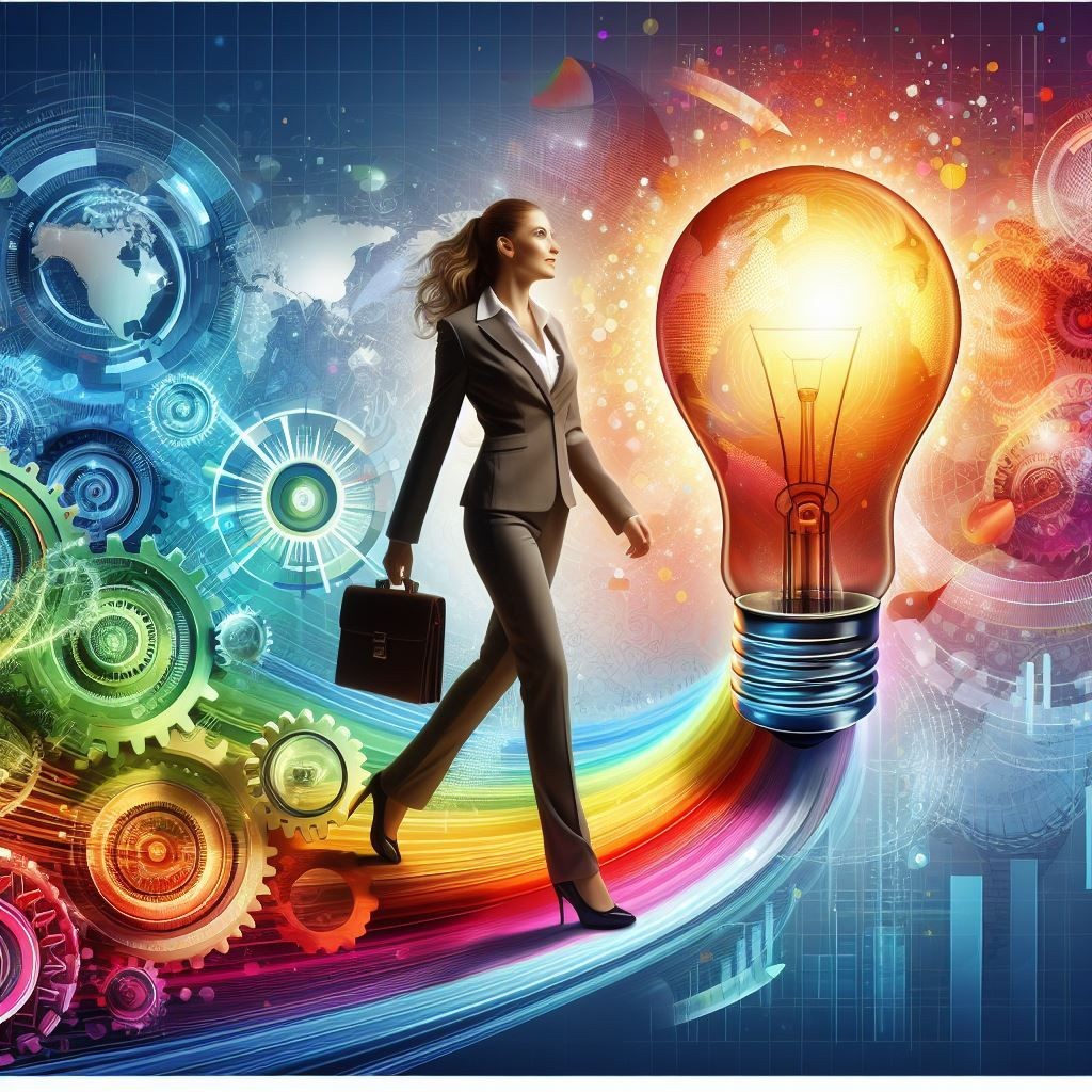 A professional individual stepping forward on a colorful path of innovation, surrounded by gears and a glowing light bulb symbolizing ideas and creativity in the world of business and technology