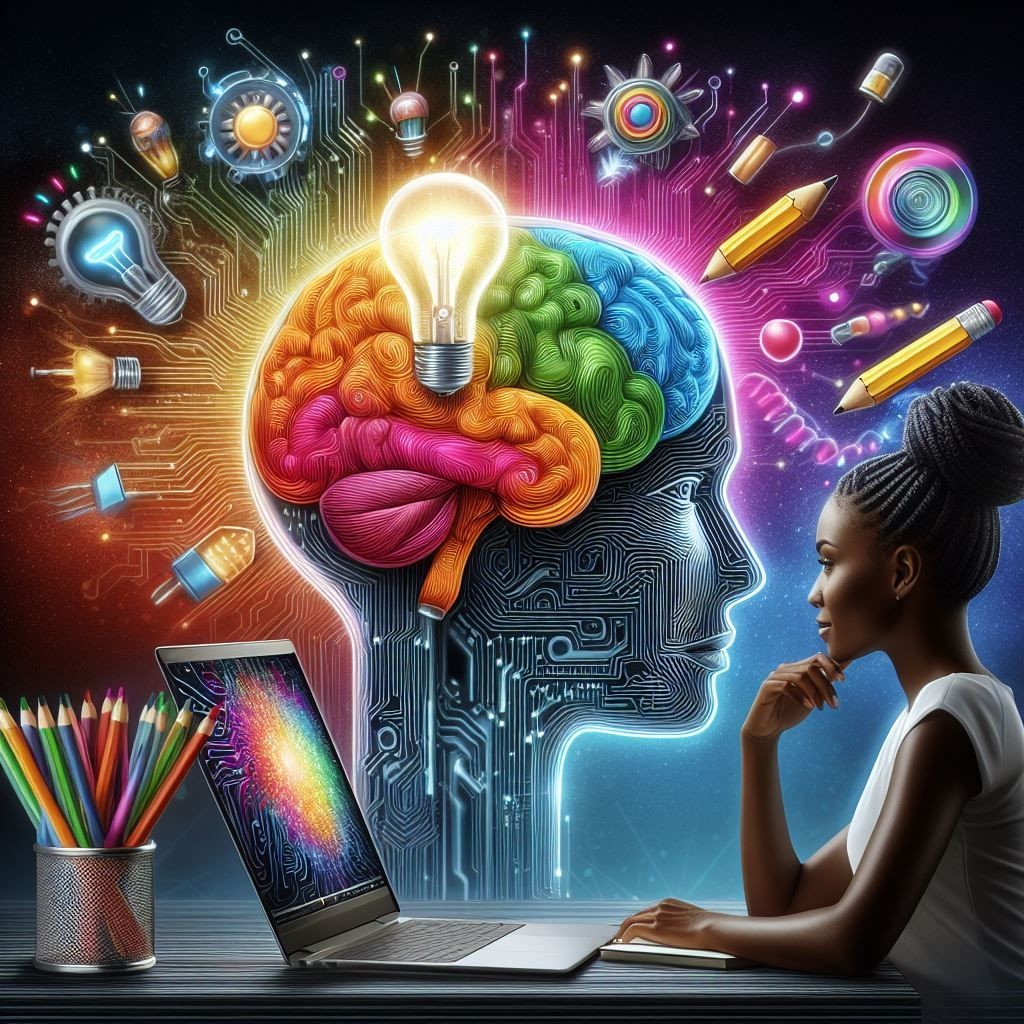 A creative digital artwork showcasing a person in front of a laptop, with a vibrant and colorful illustration of a brain circuit connecting to various symbols of ideas and creativity, such as light bulbs and pencils, emanating from the screen