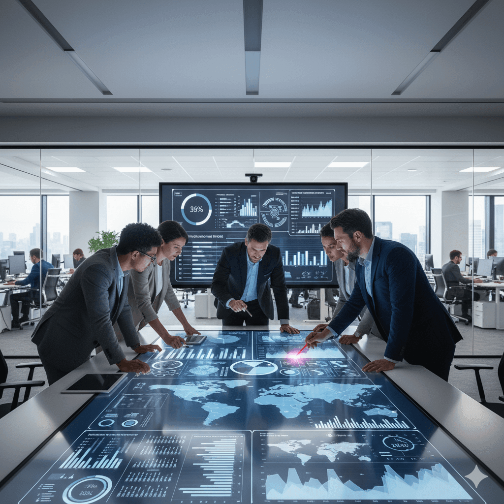 A group of diverse, dynamic innovation leaders are gathered in a modern, well-lit executive meeting room, actively collaborating around a large, integrated digital tabletop display. On the display, a complex, real-time dashboard visualizes an interconnected ecosystem of ongoing projects, market trends, and resource allocations with clear data charts and geographic overlays. Each leader points to and discusses different sections: one is reviewing a "product development pipeline" on a large wall-mounted screen, another analyzes "market feedback analytics" on their individual tablet, and a third strategizes on a financial projection shown on the main table. Above them, subtle ceiling lighting reflects onto the polished surfaces, and the background reveals a bustling, contemporary office floor through glass walls, emphasizing a large-scale, managed innovation process. Ultra photorealistic, full frame, sharp focus on the leaders and the integrated digital displays, detailed textures of modern office furniture, technology, and professional attire, illustrating the comprehensive strategic oversight and dynamic orchestration of innovation in a contemporary business setting.