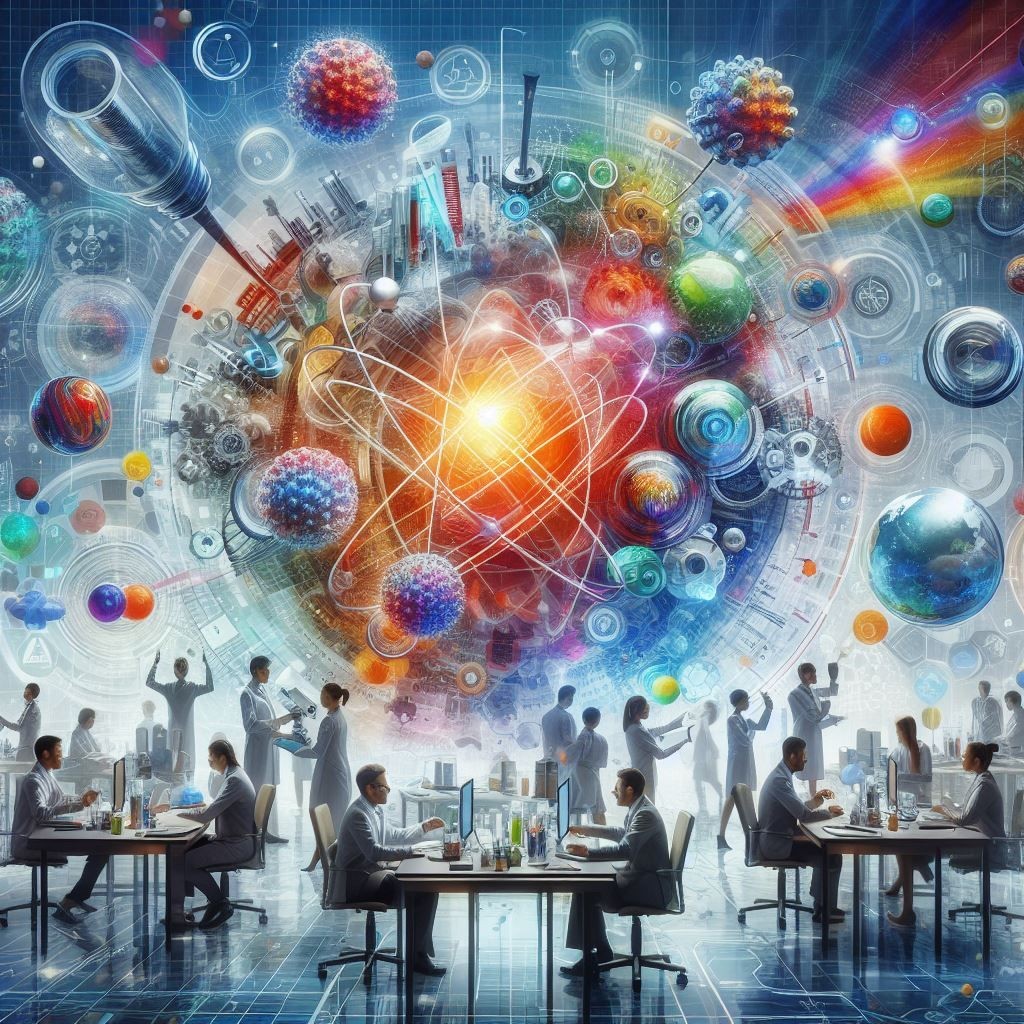 A dynamic and colorful scene of scientific research, featuring scientists and business people at work surrounded by abstract elements representing various scientific concepts. This illustration captures the essence of innovation and collaboration in the field of science and technology. It’s a visual metaphor for the complex and multifaceted nature of scientific exploration and discovery.