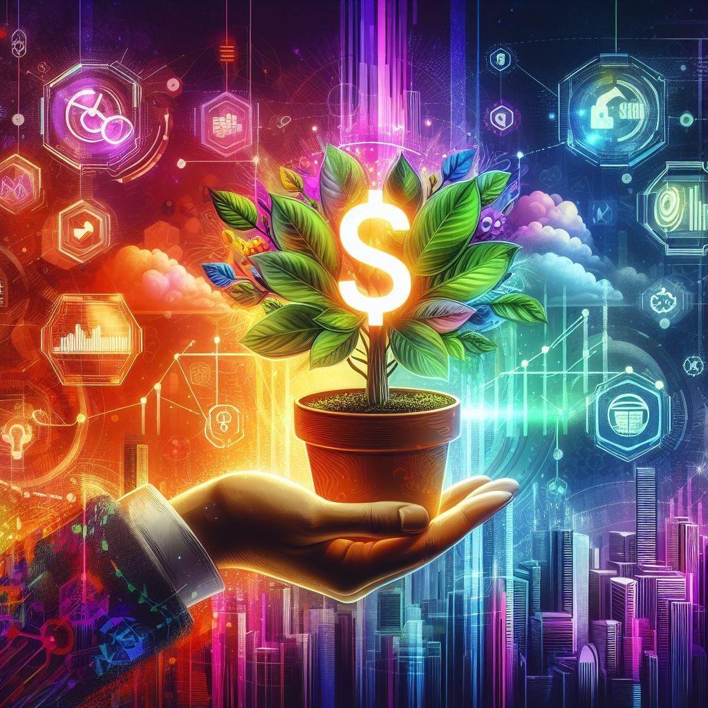 A vibrant and colorful illustration showcasing a hand holding a potted plant with a glowing dollar sign, symbolizing financial growth and investment. The background is adorned with various icons representing business analytics, technology, and innovation against a cityscape, illustrating the dynamic nature of the modern business environment