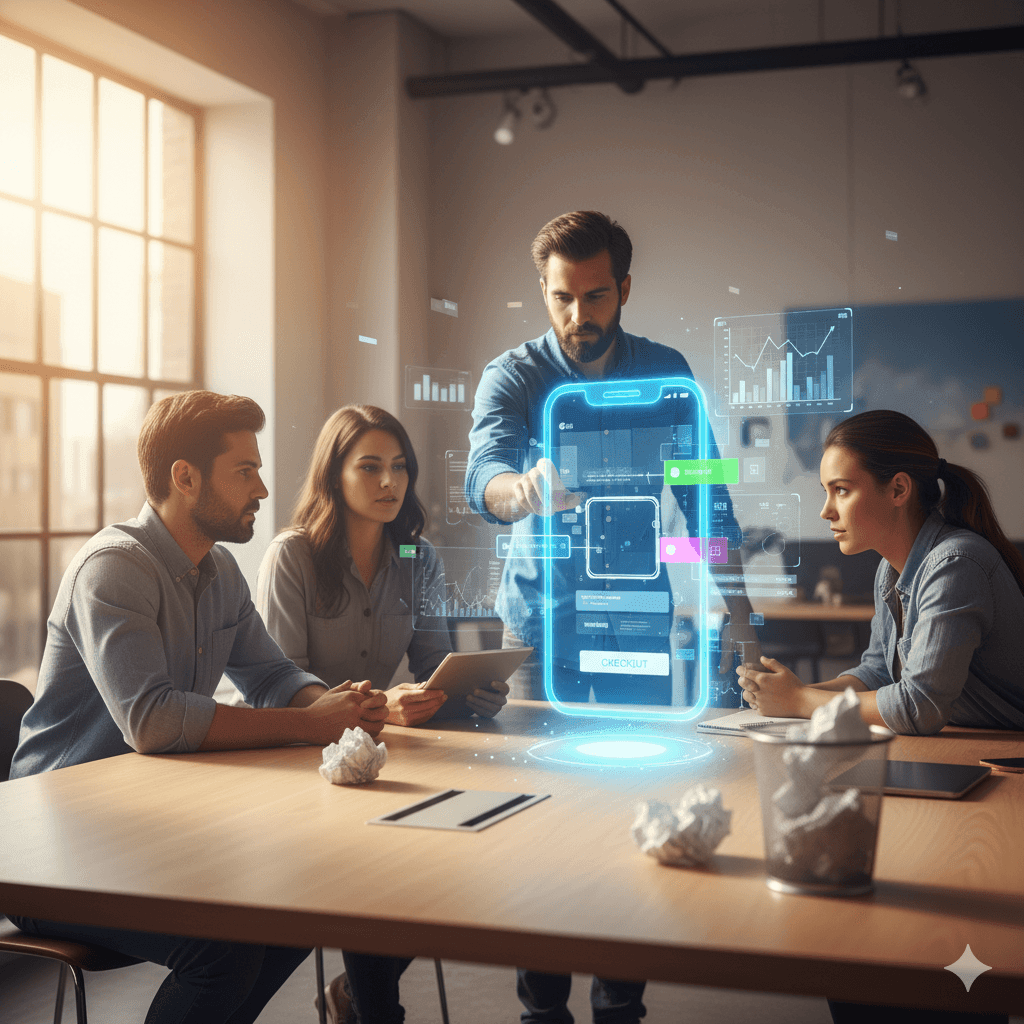 A group of diverse, focused startup founders gathered in a modern, sunlit collaborative workspace. In the center of their table, a holographic projection of a product's user interface is visibly and incrementally assembling itself, starting as a basic, functional core (the MVP) and then layering on new features. One founder points to a projected graph of user feedback data floating above the table, which directly triggers the next feature to snap into place. Discarded sketches and complex paper blueprints lie crumpled in a nearby bin, contrasting sharply with the streamlined, data-driven evolution of the digital product. Ultra photorealistic, cinematic lighting, shallow depth of field, real-world textures, modern office environment, illustrating iterative product development.