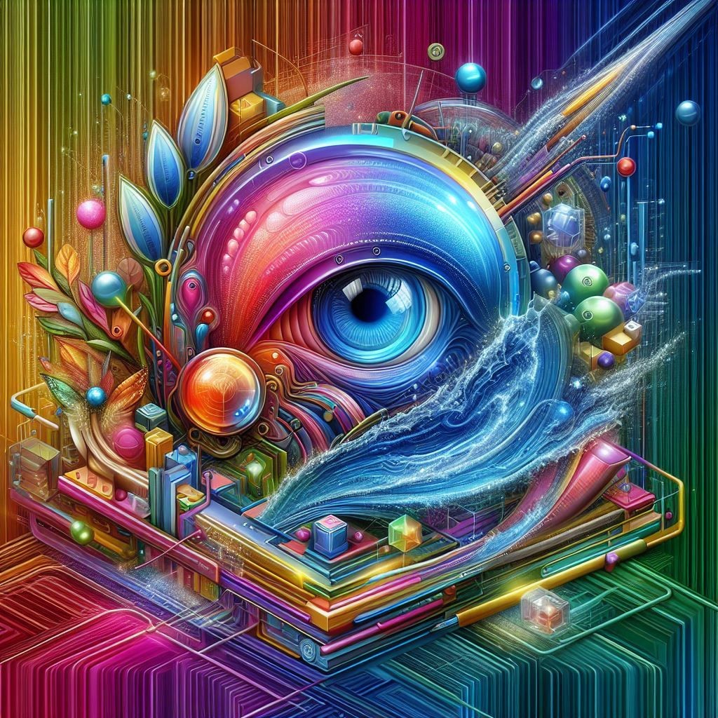 A dynamic digital artwork featuring a central eye motif, symbolizing vision and perception, surrounded by a fusion of technological and natural elements. The eye, rendered in shades of blue, purple, and pink, is encircled by flowing waves, circuitry patterns, and organic shapes like leaves and water droplets. Multicolored orbs and radiant lines of light add depth and movement to the composition, creating a surreal and captivating visual experience that blends the boundaries between the digital and the organic
