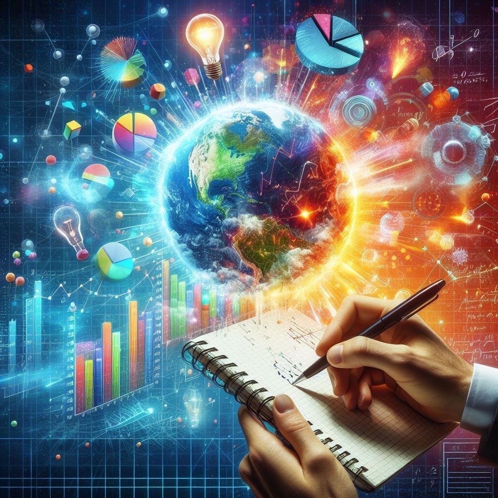 A dynamic and vibrant digital artwork that captures the essence of innovation in data analytics. The central focus is a hand writing in a notebook, symbolizing the recording and analysis of data. Above the notebook, an explosion of colorful data visualizations, including bar graphs and pie charts, represents interactive and insightful analytics. The Earth, prominently displayed, signifies the global reach and impact of these innovative ideas. Icons scattered throughout the image reflect various sectors and concepts, such as light bulbs for creativity. The background’s mathematical equations and grid lines suggest technical precision, while the overall bright colors convey an energetic and forward-thinking approach to data-driven decision-making